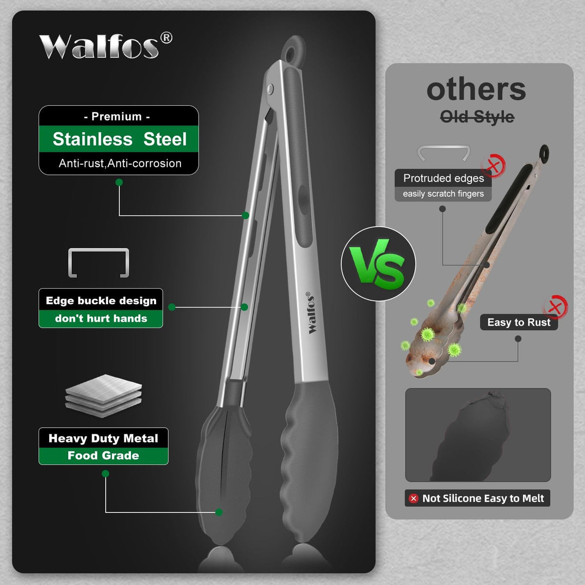 600 Degree Heat Resistant Silicone Tongs for Cooking - Kitchen Tongs With Silicone Tips set of 3 size Food Looking Tongs (7" 9" and 12 inch Dark Grey)