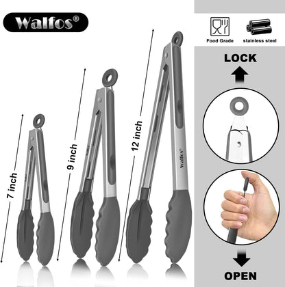 600 Degree Heat Resistant Silicone Tongs for Cooking - Kitchen Tongs With Silicone Tips set of 3 size Food Looking Tongs (7" 9" and 12 inch Dark Grey)