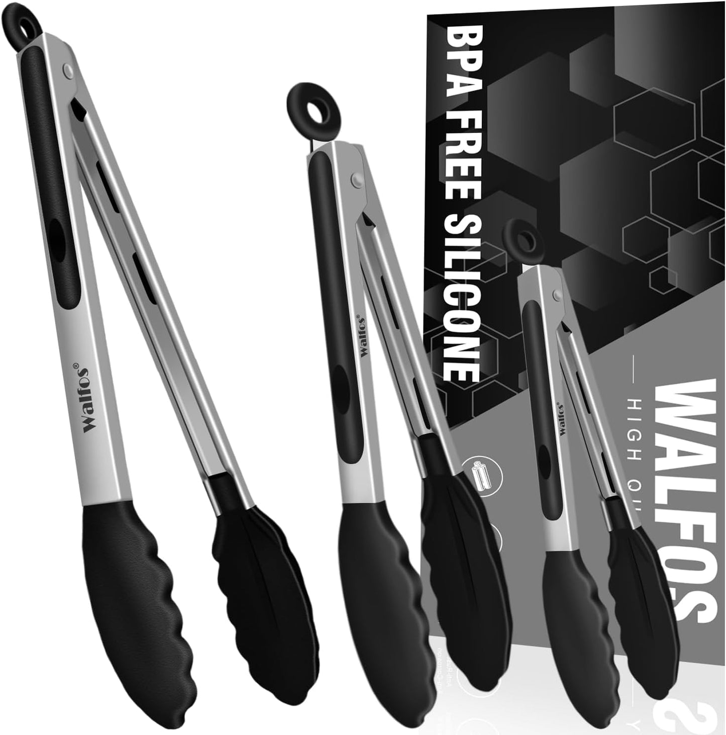 600 Degree Heat Resistant Silicone Tongs for Cooking - Kitchen Tongs With Silicone Tips set of 3 size Food Looking Tongs (7" 9" and 12 inch Dark Grey)