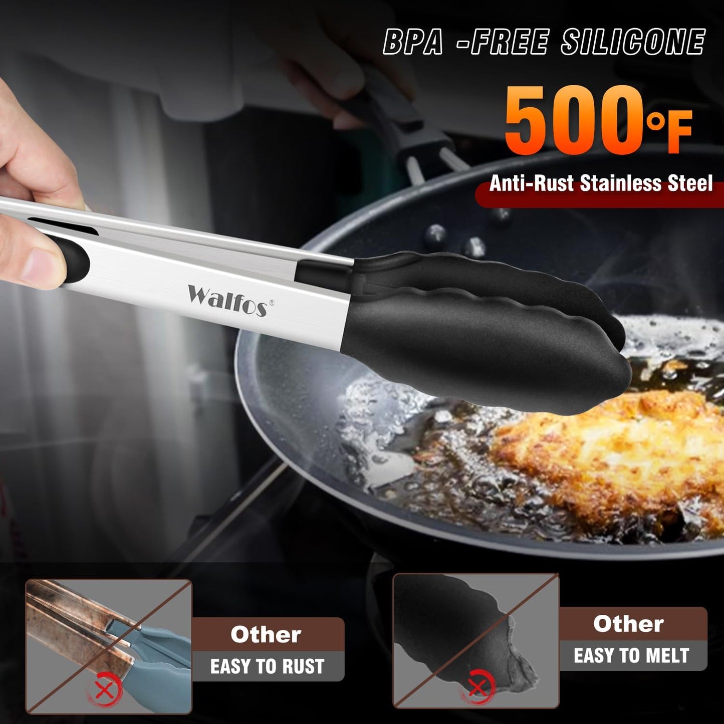 600 Degree Heat Resistant Silicone Tongs for Cooking - Kitchen Tongs With Silicone Tips set of 3 size Food Looking Tongs (7" 9" and 12 inch Dark Grey)