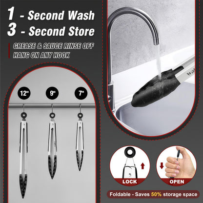 600 Degree Heat Resistant Silicone Tongs for Cooking - Kitchen Tongs With Silicone Tips set of 3 size Food Looking Tongs (7" 9" and 12 inch Dark Grey)