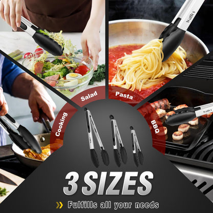 600 Degree Heat Resistant Silicone Tongs for Cooking - Kitchen Tongs With Silicone Tips set of 3 size Food Looking Tongs (7" 9" and 12 inch Dark Grey)