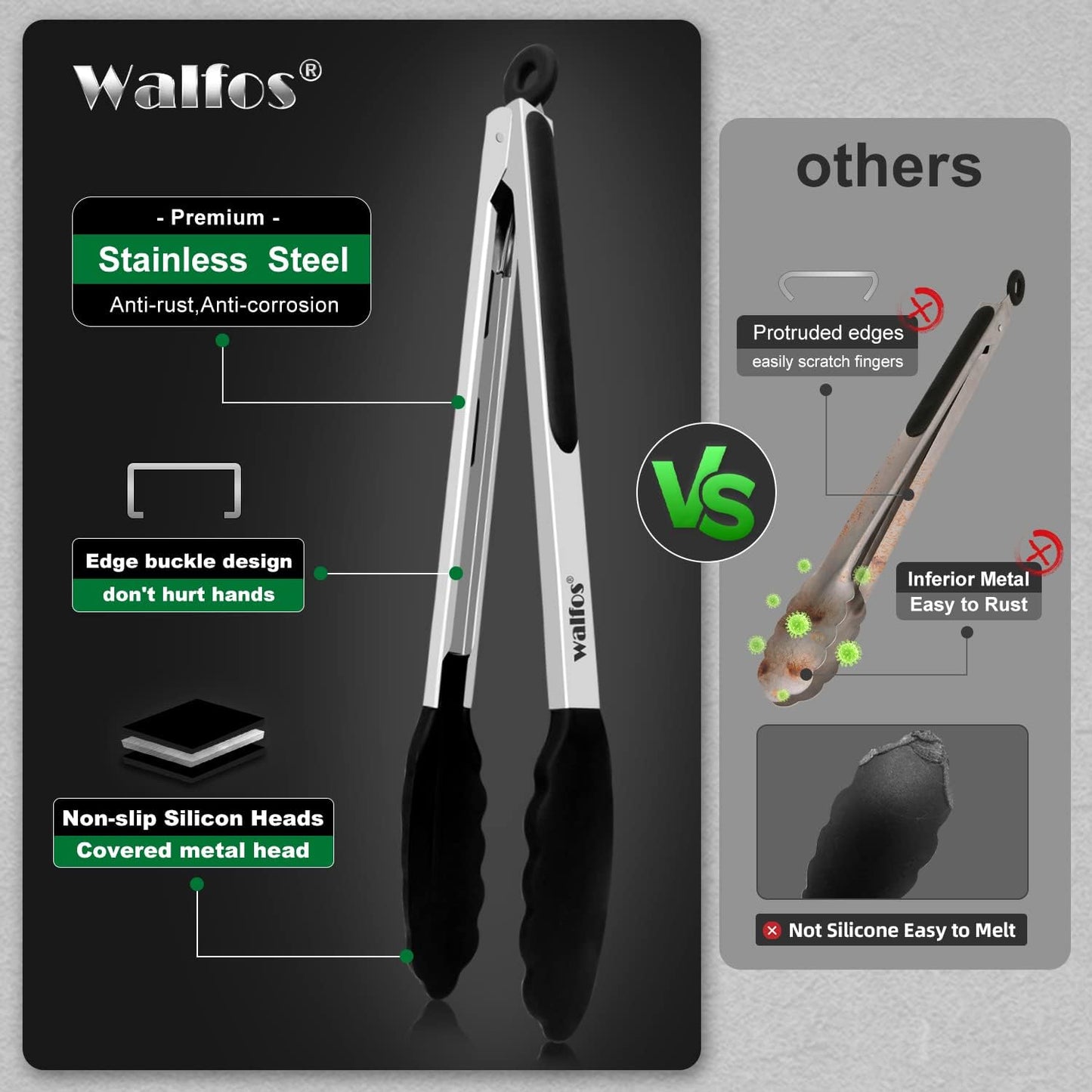 600 Degree Heat Resistant Silicone Tongs for Cooking - Kitchen Tongs With Silicone Tips set of 3 size Food Looking Tongs (7" 9" and 12 inch Dark Grey)