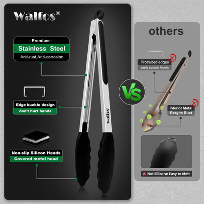 600 Degree Heat Resistant Silicone Tongs for Cooking - Kitchen Tongs With Silicone Tips set of 3 size Food Looking Tongs (7" 9" and 12 inch Dark Grey)