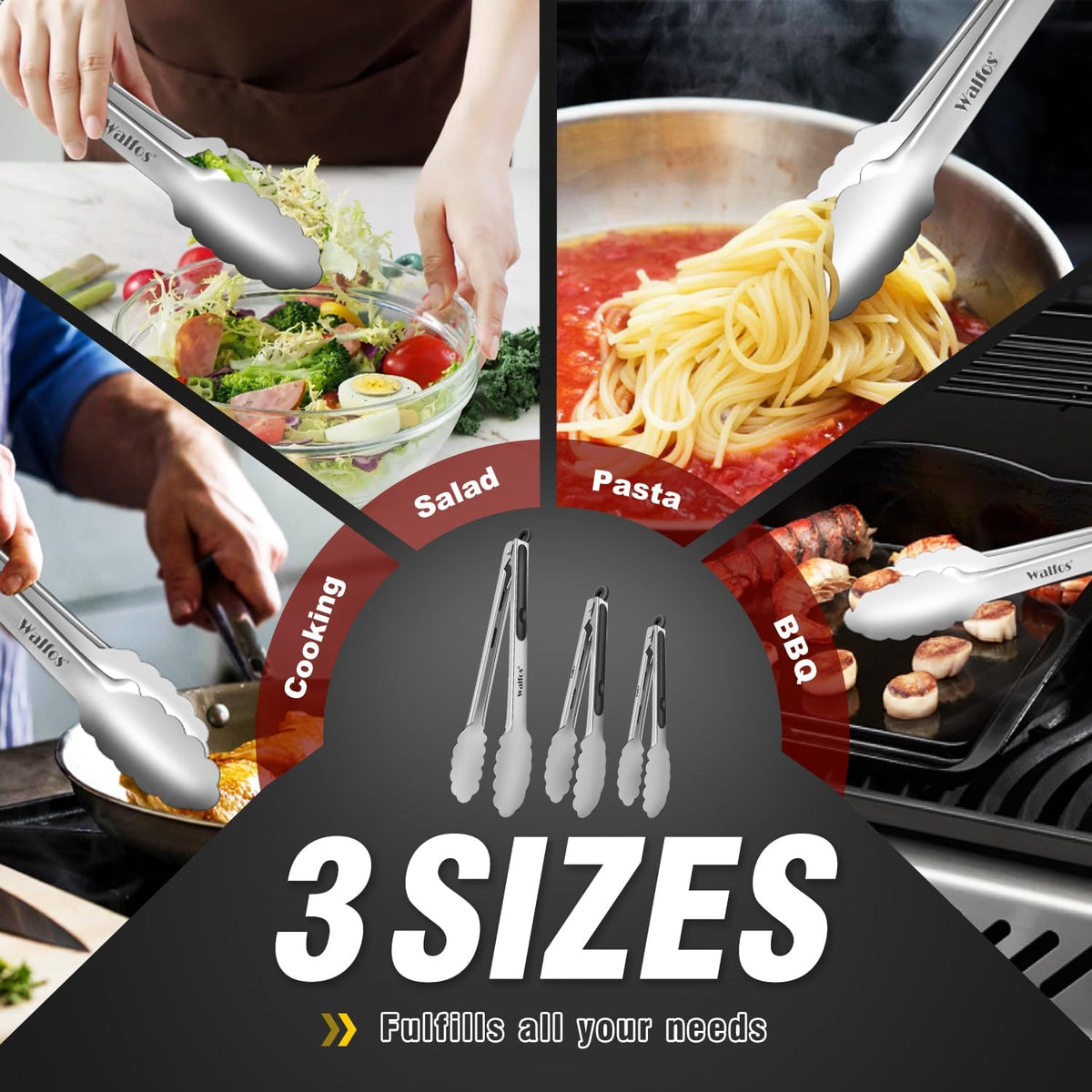 600 Degree Heat Resistant Silicone Tongs for Cooking - Kitchen Tongs With Silicone Tips set of 3 size Food Looking Tongs (7" 9" and 12 inch Dark Grey)