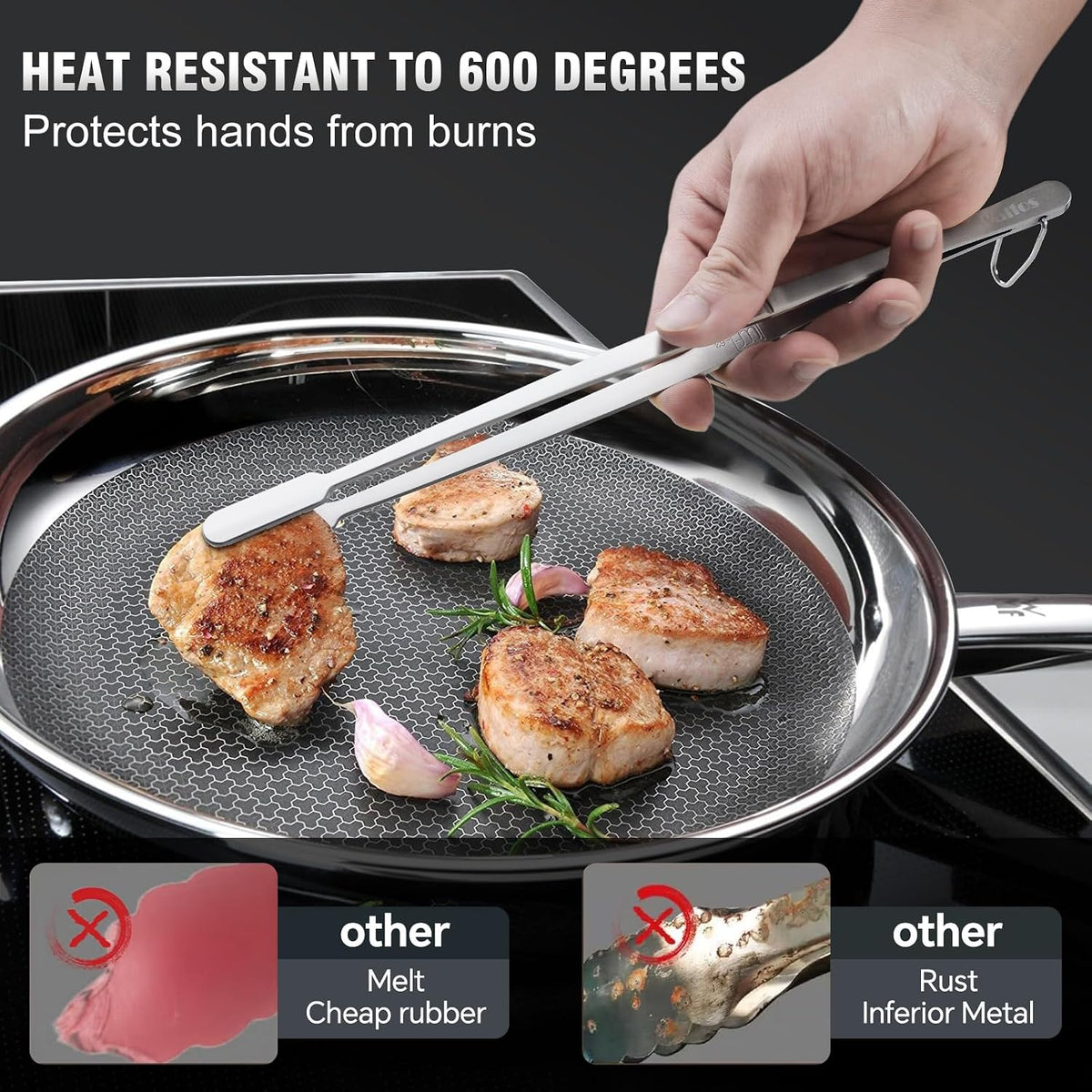 600 Degree Heat Resistant Silicone Tongs for Cooking - Kitchen Tongs With Silicone Tips set of 3 size Food Looking Tongs (7" 9" and 12 inch Dark Grey)