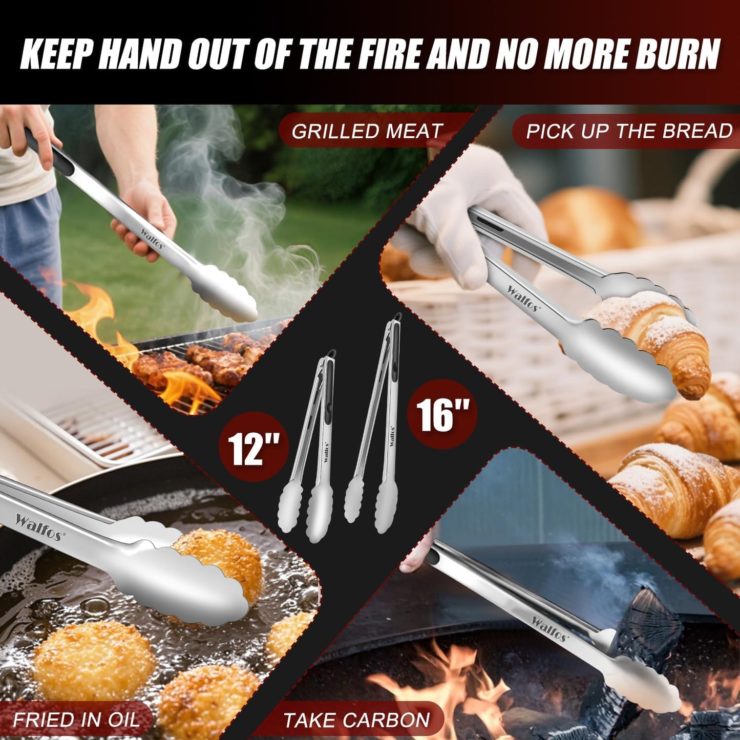 600 Degree Heat Resistant Silicone Tongs for Cooking - Kitchen Tongs With Silicone Tips set of 3 size Food Looking Tongs (7" 9" and 12 inch Dark Grey)