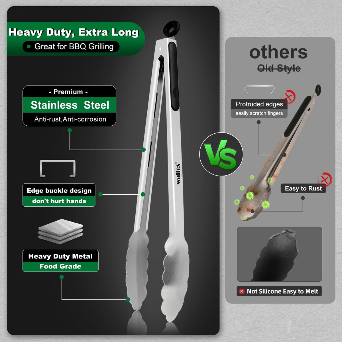 600 Degree Heat Resistant Silicone Tongs for Cooking - Kitchen Tongs With Silicone Tips set of 3 size Food Looking Tongs (7" 9" and 12 inch Dark Grey)