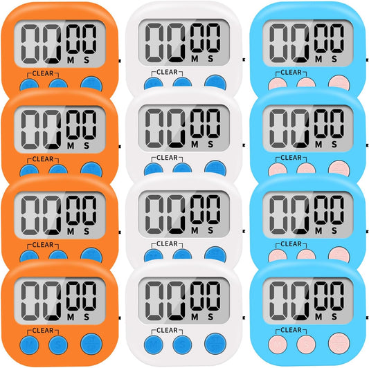 12 Pack Small Digital Kitchen Timer Magnetic Back and ON/Off Switch,Minute Second Count Up Countdown（White,Blue,Orange
