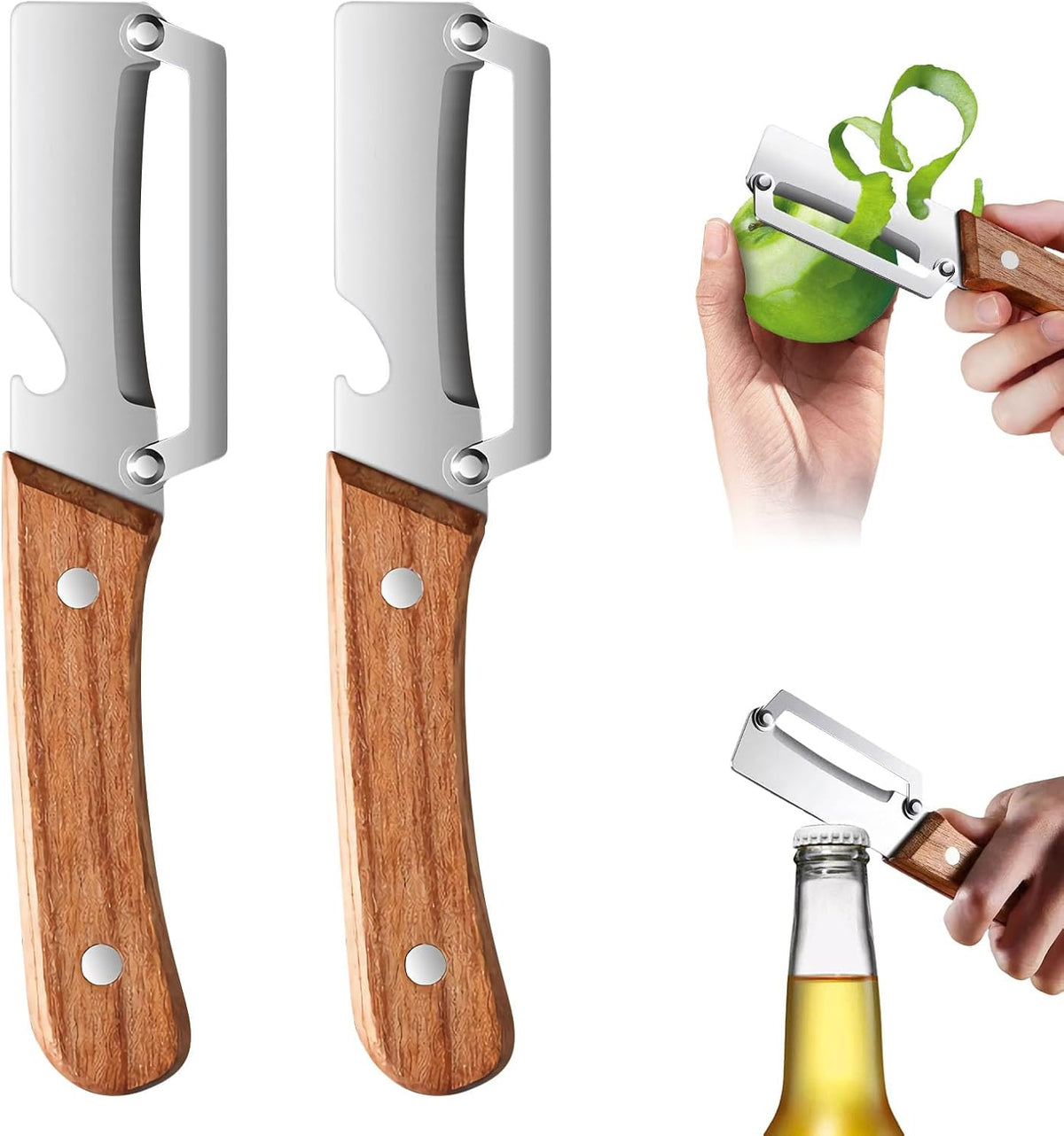 2-in-1 Multifunctional Vegetable Peeler for Kitchen with Ultra-Sharp Stainless Steel Blade & Ergonomic Wood Handle - Effortlessly Peel Potatoes, Apples, Carrots and Open Wine Bottles