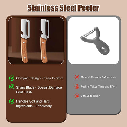 2-in-1 Multifunctional Vegetable Peeler for Kitchen with Ultra-Sharp Stainless Steel Blade & Ergonomic Wood Handle - Effortlessly Peel Potatoes, Apples, Carrots and Open Wine Bottles
