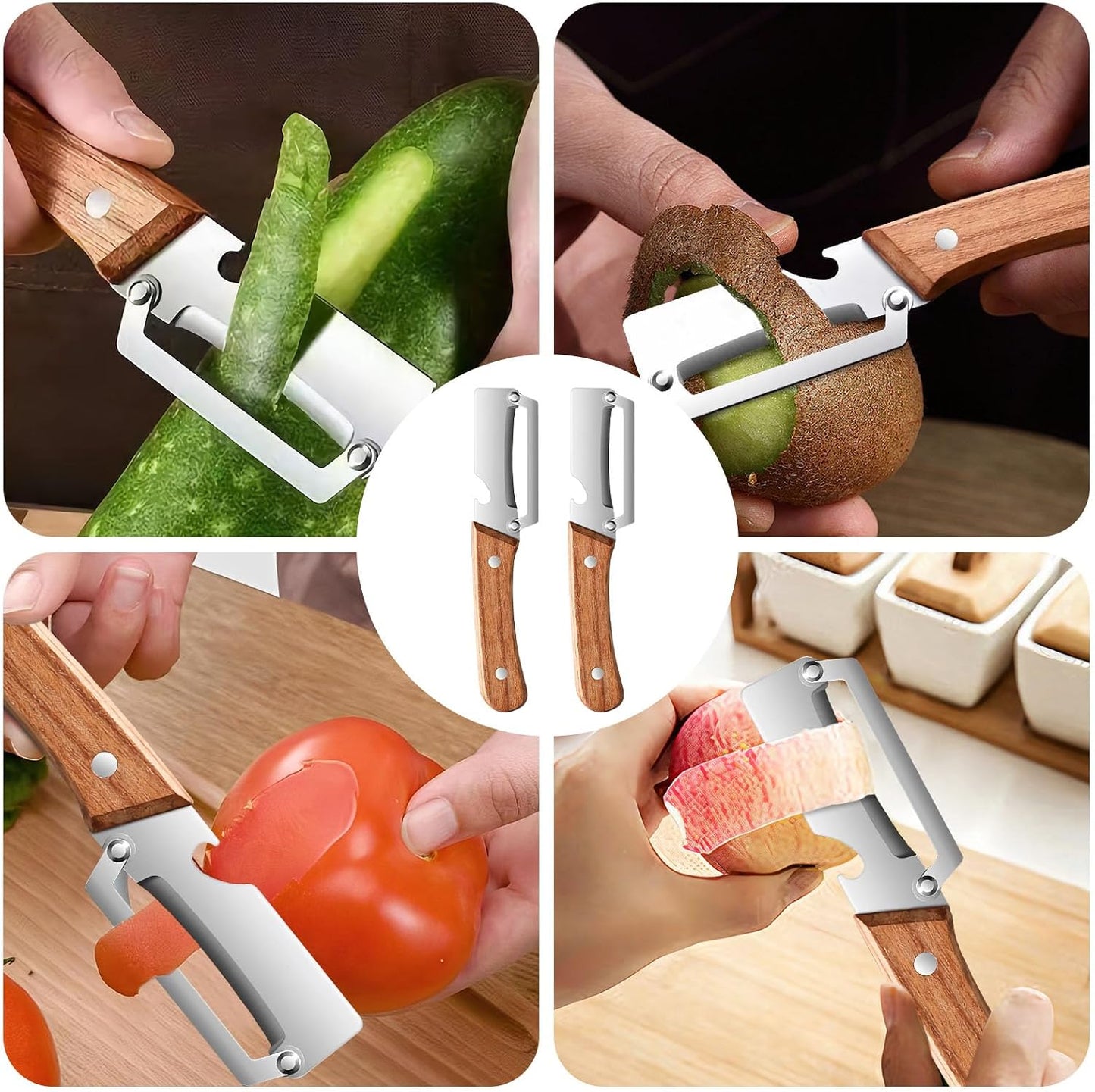 2-in-1 Multifunctional Vegetable Peeler for Kitchen with Ultra-Sharp Stainless Steel Blade & Ergonomic Wood Handle - Effortlessly Peel Potatoes, Apples, Carrots and Open Wine Bottles