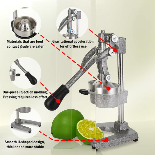 Cast Iron Juicer Hand Press – Heavy Duty Manual Citrus Juicer, Professional Orange Press, Stainless Steel Lemon Squeezer & Lime Juice Extractor (gray)