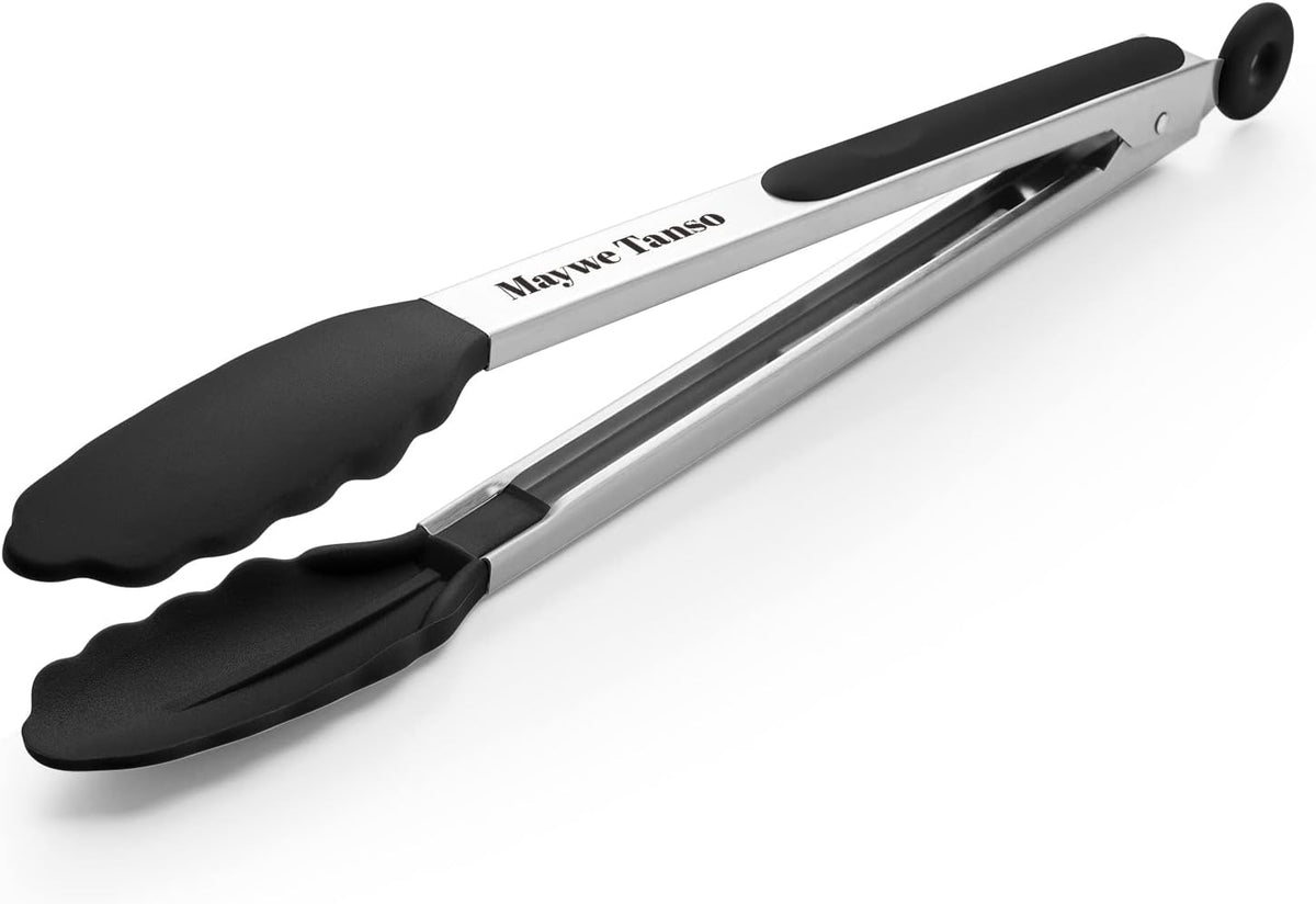 12-Inch Kitchen Tongs for Cooking with Silicone Tip,Black | 600℉ Heat-Resistant,Stainless Steel Locking Cooking Tongs Food Tongs for BBQ/Cooking/Salad/Serving Food,Heavy Duty,Non-Stick