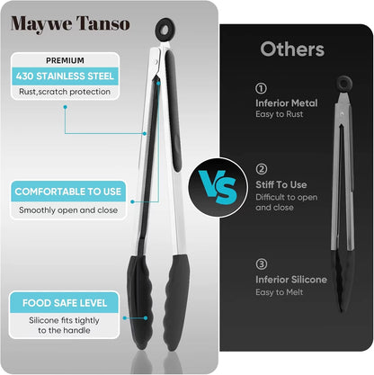 12-Inch Kitchen Tongs for Cooking with Silicone Tip,Black | 600℉ Heat-Resistant,Stainless Steel Locking Cooking Tongs Food Tongs for BBQ/Cooking/Salad/Serving Food,Heavy Duty,Non-Stick