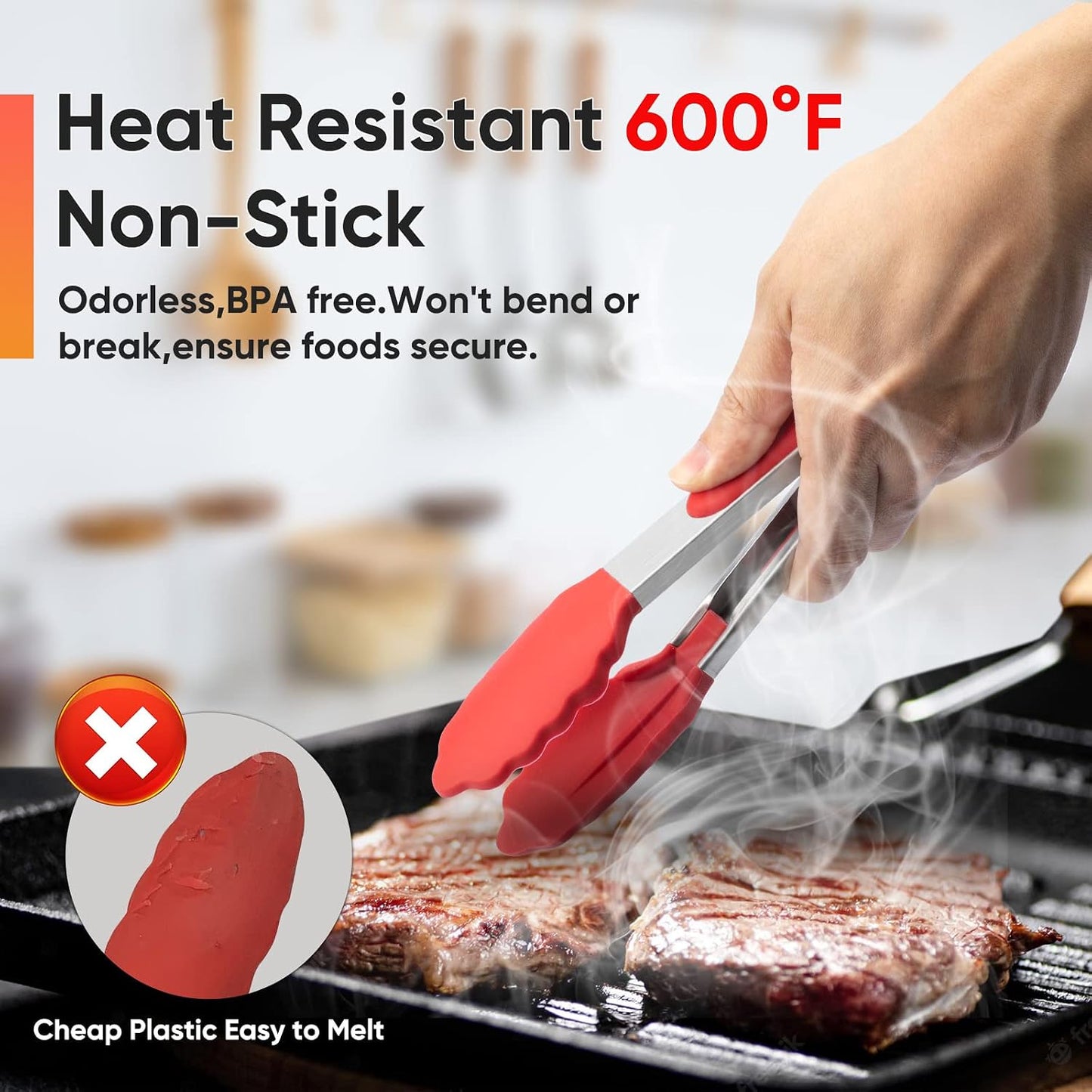 12-Inch Kitchen Tongs for Cooking with Silicone Tip,Black | 600℉ Heat-Resistant,Stainless Steel Locking Cooking Tongs Food Tongs for BBQ/Cooking/Salad/Serving Food,Heavy Duty,Non-Stick