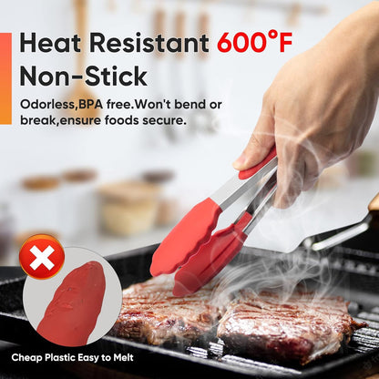 12-Inch Kitchen Tongs for Cooking with Silicone Tip,Black | 600℉ Heat-Resistant,Stainless Steel Locking Cooking Tongs Food Tongs for BBQ/Cooking/Salad/Serving Food,Heavy Duty,Non-Stick
