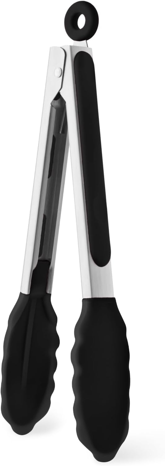 12-Inch Kitchen Tongs for Cooking with Silicone Tip,Black | 600℉ Heat-Resistant,Stainless Steel Locking Cooking Tongs Food Tongs for BBQ/Cooking/Salad/Serving Food,Heavy Duty,Non-Stick