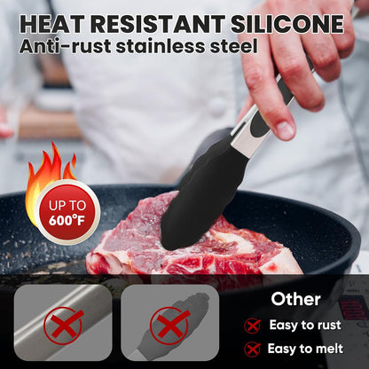 12-Inch Kitchen Tongs for Cooking with Silicone Tip,Black | 600℉ Heat-Resistant,Stainless Steel Locking Cooking Tongs Food Tongs for BBQ/Cooking/Salad/Serving Food,Heavy Duty,Non-Stick