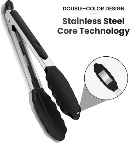 12-Inch Kitchen Tongs for Cooking with Silicone Tip,Black | 600℉ Heat-Resistant,Stainless Steel Locking Cooking Tongs Food Tongs for BBQ/Cooking/Salad/Serving Food,Heavy Duty,Non-Stick
