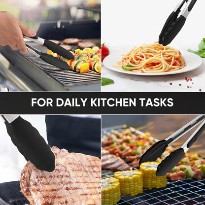 12-Inch Kitchen Tongs for Cooking with Silicone Tip,Black | 600℉ Heat-Resistant,Stainless Steel Locking Cooking Tongs Food Tongs for BBQ/Cooking/Salad/Serving Food,Heavy Duty,Non-Stick
