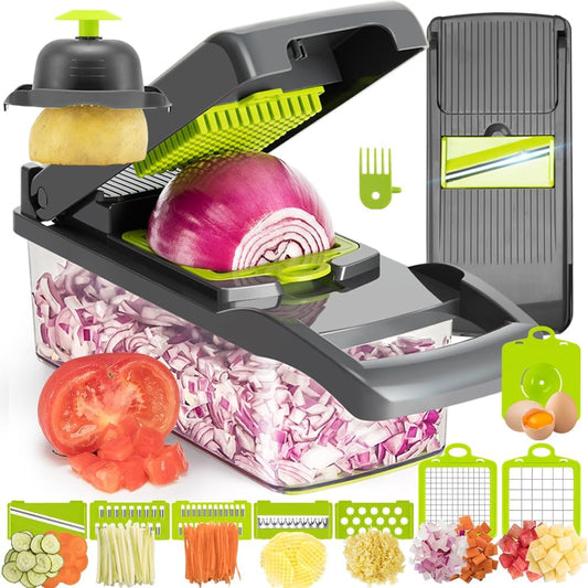 Vegetable Chopper Mandoline Slicer Grey - 12 in 1 Interchangeable Blades Food Chopper with Container, Hand Guard & Drainer, Veggie Dicer Kitchen Gadget for Onion, Cucumber, Tomato, Fruit
