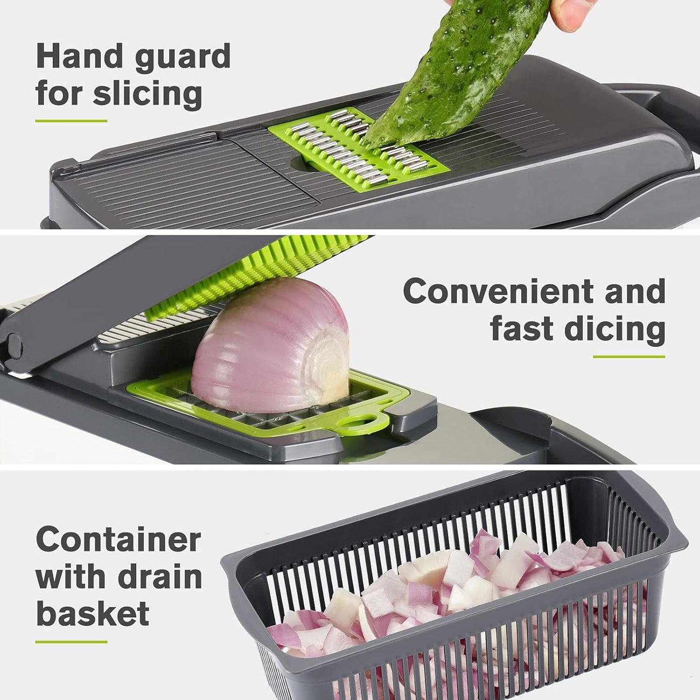 Vegetable Chopper Mandoline Slicer Grey - 12 in 1 Interchangeable Blades Food Chopper with Container, Hand Guard & Drainer, Veggie Dicer Kitchen Gadget for Onion, Cucumber, Tomato, Fruit