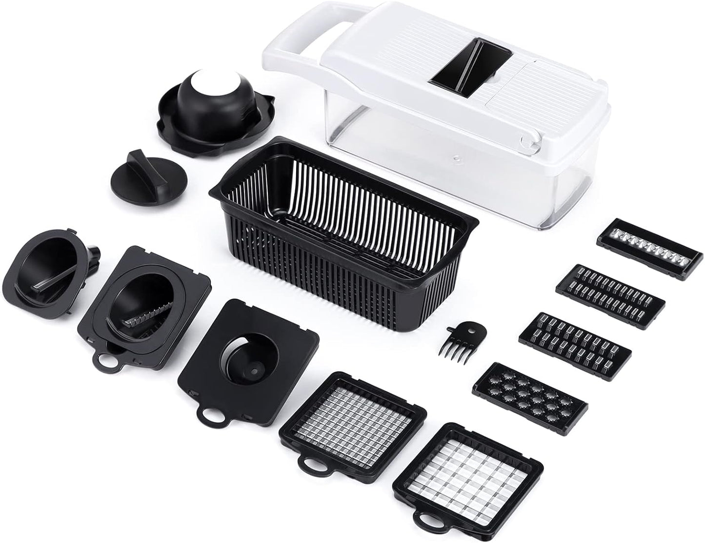 Vegetable Chopper Mandoline Slicer Grey - 12 in 1 Interchangeable Blades Food Chopper with Container, Hand Guard & Drainer, Veggie Dicer Kitchen Gadget for Onion, Cucumber, Tomato, Fruit
