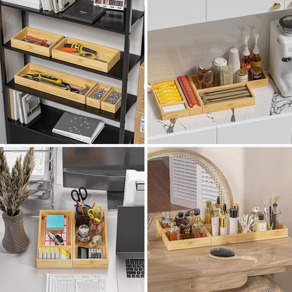 Bamboo Drawer Organizer, Narrow Stackable Cutlery Tray for Kitchen, 2 Pcs Silverware & Utensil Box, 12" x 3" x 2" (Outer), 11.3" x 2.3" x 1.77" (Inner)