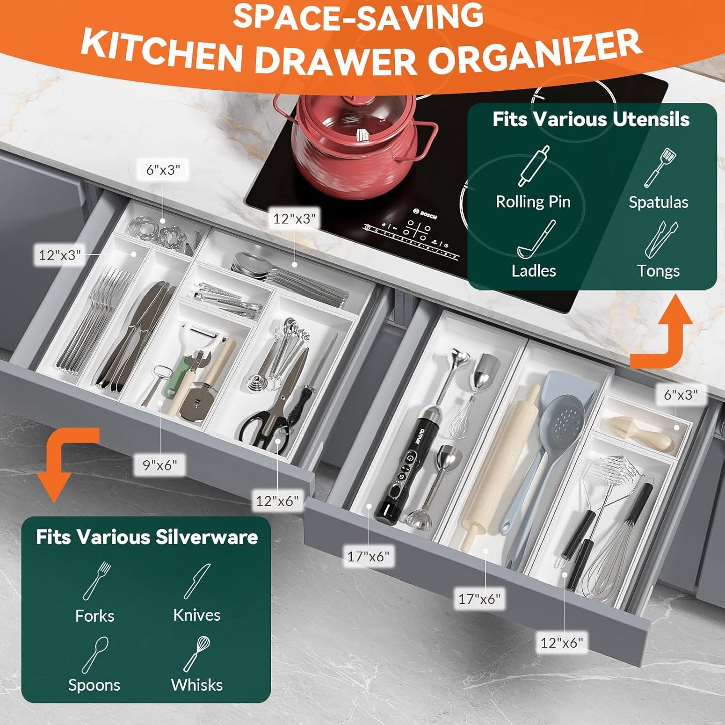Bamboo Drawer Organizer, Narrow Stackable Cutlery Tray for Kitchen, 2 Pcs Silverware & Utensil Box, 12" x 3" x 2" (Outer), 11.3" x 2.3" x 1.77" (Inner)