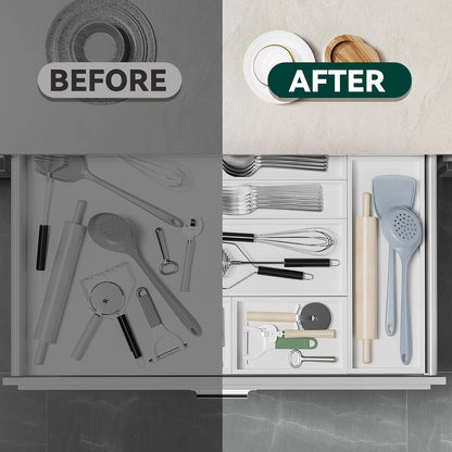 Bamboo Drawer Organizer, Narrow Stackable Cutlery Tray for Kitchen, 2 Pcs Silverware & Utensil Box, 12" x 3" x 2" (Outer), 11.3" x 2.3" x 1.77" (Inner)