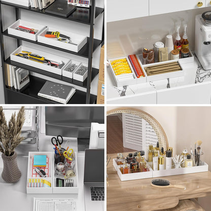 Bamboo Drawer Organizer, Narrow Stackable Cutlery Tray for Kitchen, 2 Pcs Silverware & Utensil Box, 12" x 3" x 2" (Outer), 11.3" x 2.3" x 1.77" (Inner)