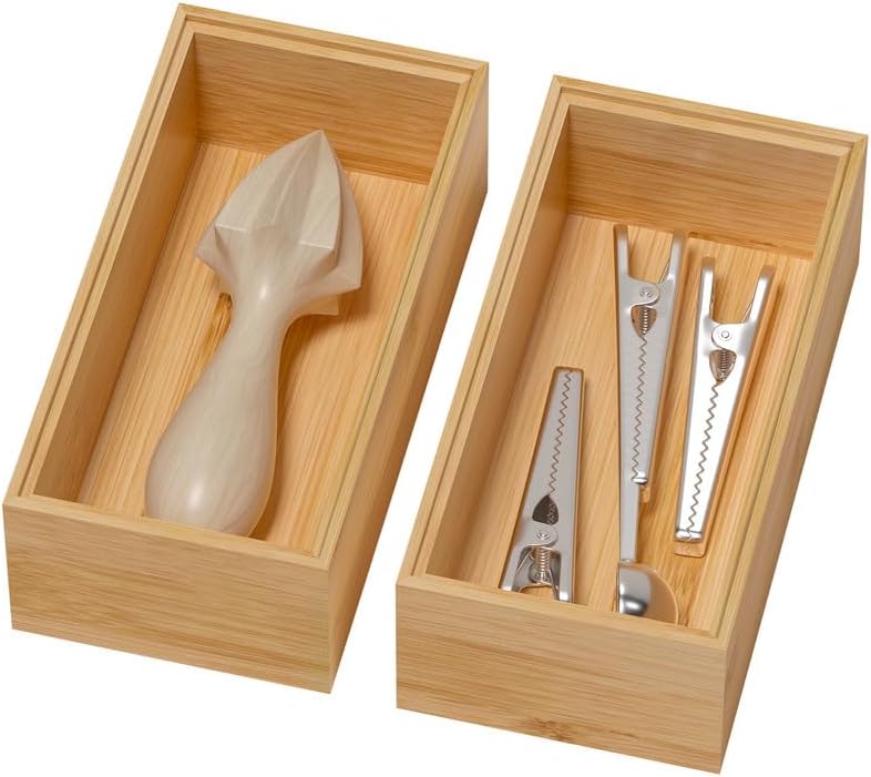 Bamboo Drawer Organizer, Narrow Stackable Cutlery Tray for Kitchen, 2 Pcs Silverware & Utensil Box, 12" x 3" x 2" (Outer), 11.3" x 2.3" x 1.77" (Inner)