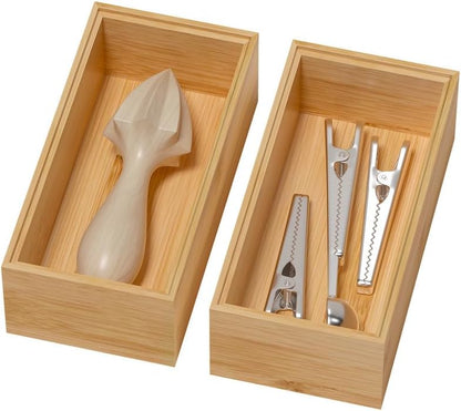 Bamboo Drawer Organizer, Narrow Stackable Cutlery Tray for Kitchen, 2 Pcs Silverware & Utensil Box, 12" x 3" x 2" (Outer), 11.3" x 2.3" x 1.77" (Inner)