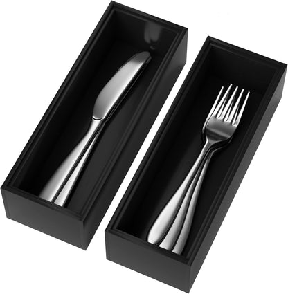 Bamboo Drawer Organizer, Narrow Stackable Cutlery Tray for Kitchen, 2 Pcs Silverware & Utensil Box, 12" x 3" x 2" (Outer), 11.3" x 2.3" x 1.77" (Inner)