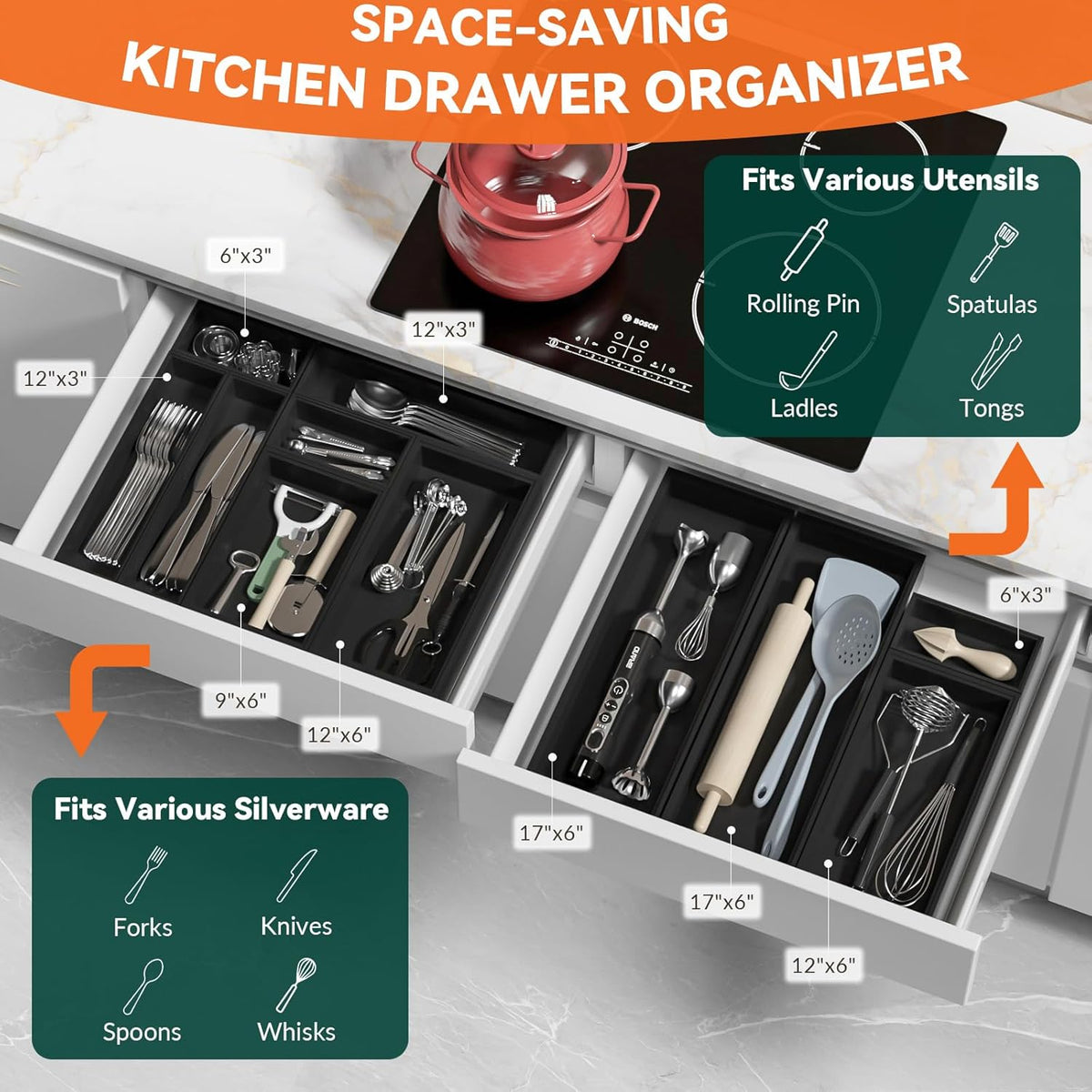 Bamboo Drawer Organizer, Narrow Stackable Cutlery Tray for Kitchen, 2 Pcs Silverware & Utensil Box, 12" x 3" x 2" (Outer), 11.3" x 2.3" x 1.77" (Inner)