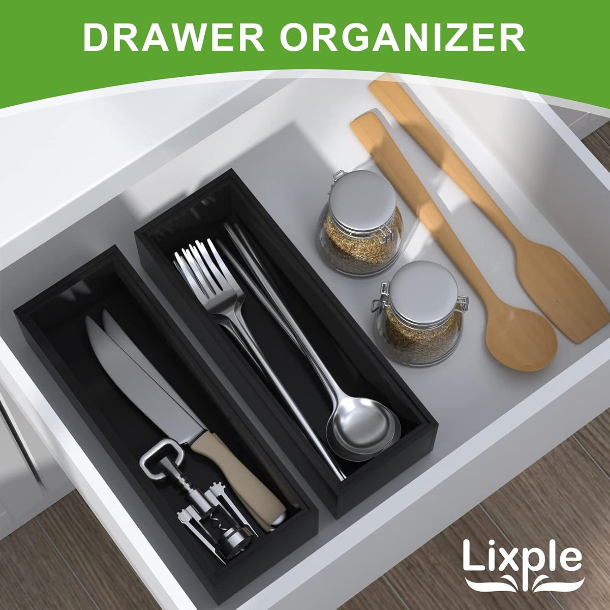 Bamboo Drawer Organizer, Narrow Stackable Cutlery Tray for Kitchen, 2 Pcs Silverware & Utensil Box, 12" x 3" x 2" (Outer), 11.3" x 2.3" x 1.77" (Inner)
