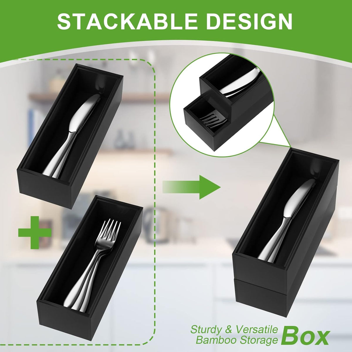 Bamboo Drawer Organizer, Narrow Stackable Cutlery Tray for Kitchen, 2 Pcs Silverware & Utensil Box, 12" x 3" x 2" (Outer), 11.3" x 2.3" x 1.77" (Inner)