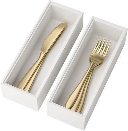 Bamboo Drawer Organizer, Narrow Stackable Cutlery Tray for Kitchen, 2 Pcs Silverware & Utensil Box, 12" x 3" x 2" (Outer), 11.3" x 2.3" x 1.77" (Inner)