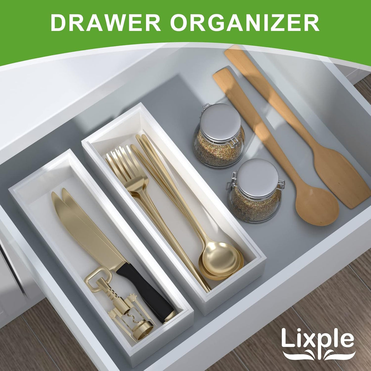 Bamboo Drawer Organizer, Narrow Stackable Cutlery Tray for Kitchen, 2 Pcs Silverware & Utensil Box, 12" x 3" x 2" (Outer), 11.3" x 2.3" x 1.77" (Inner)