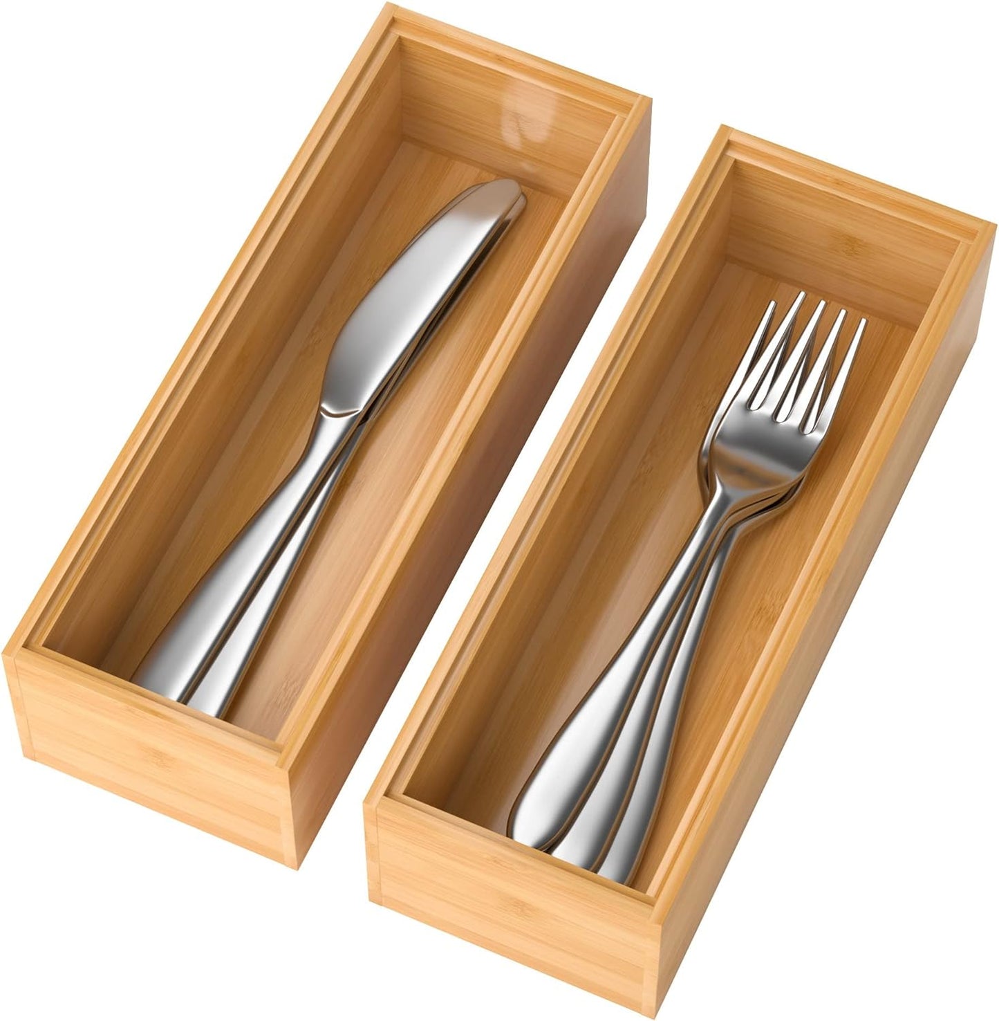 Bamboo Drawer Organizer, Narrow Stackable Cutlery Tray for Kitchen, 2 Pcs Silverware & Utensil Box, 12" x 3" x 2" (Outer), 11.3" x 2.3" x 1.77" (Inner)