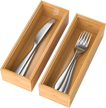 Bamboo Drawer Organizer, Narrow Stackable Cutlery Tray for Kitchen, 2 Pcs Silverware & Utensil Box, 12" x 3" x 2" (Outer), 11.3" x 2.3" x 1.77" (Inner)