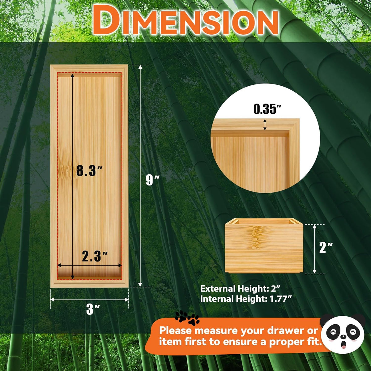 Bamboo Drawer Organizer, Narrow Stackable Cutlery Tray for Kitchen, 2 Pcs Silverware & Utensil Box, 12" x 3" x 2" (Outer), 11.3" x 2.3" x 1.77" (Inner)