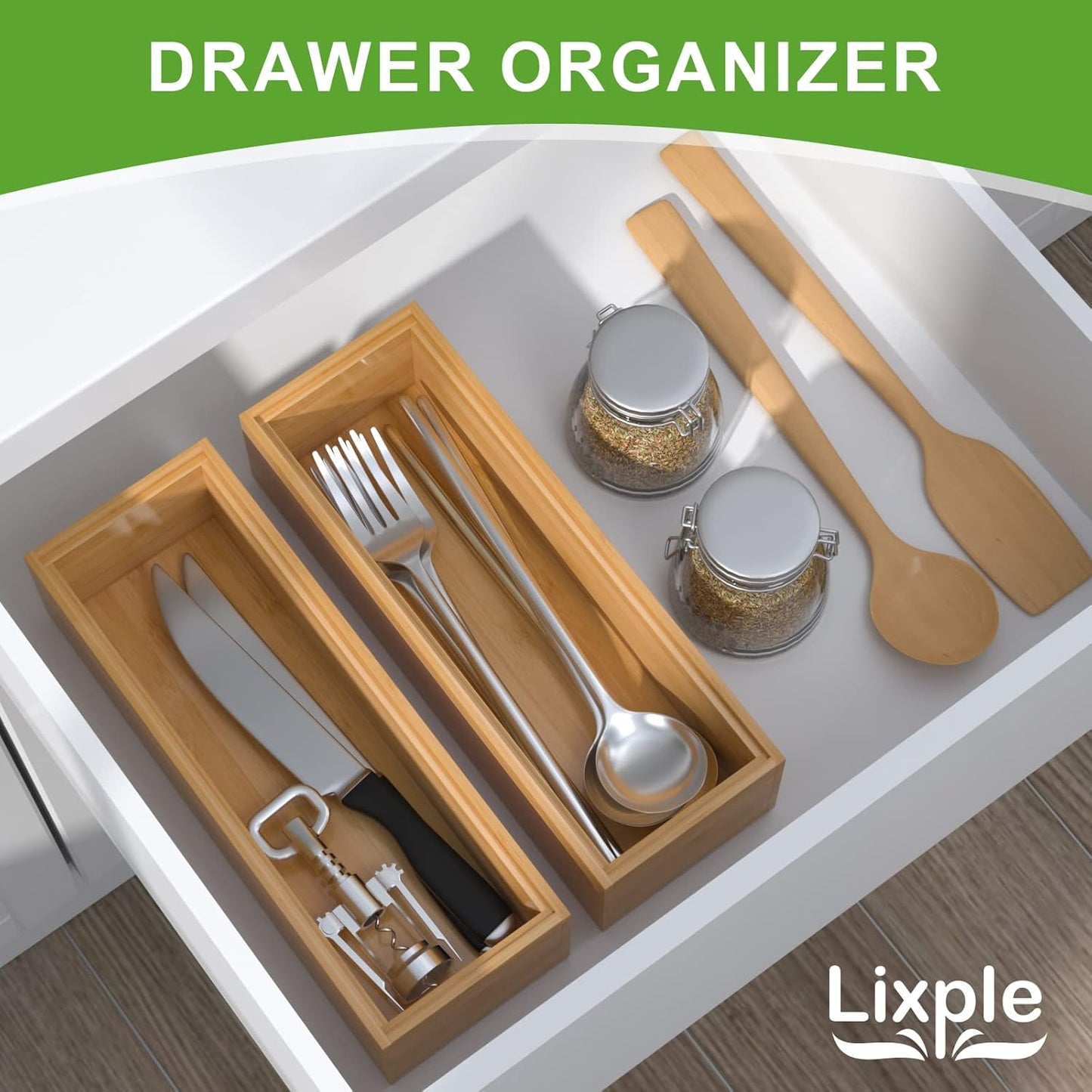 Bamboo Drawer Organizer, Narrow Stackable Cutlery Tray for Kitchen, 2 Pcs Silverware & Utensil Box, 12" x 3" x 2" (Outer), 11.3" x 2.3" x 1.77" (Inner)