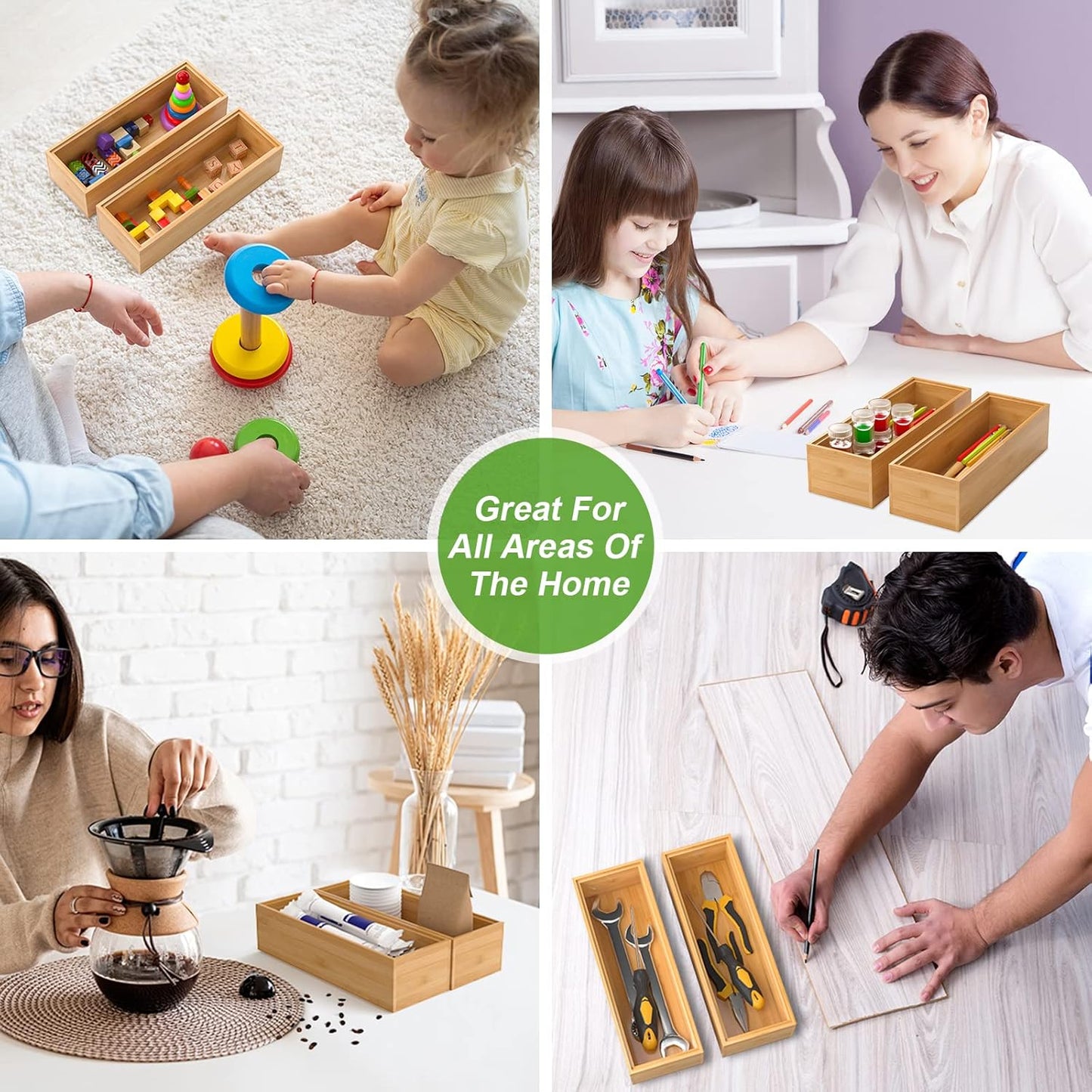 Bamboo Drawer Organizer, Narrow Stackable Cutlery Tray for Kitchen, 2 Pcs Silverware & Utensil Box, 12" x 3" x 2" (Outer), 11.3" x 2.3" x 1.77" (Inner)