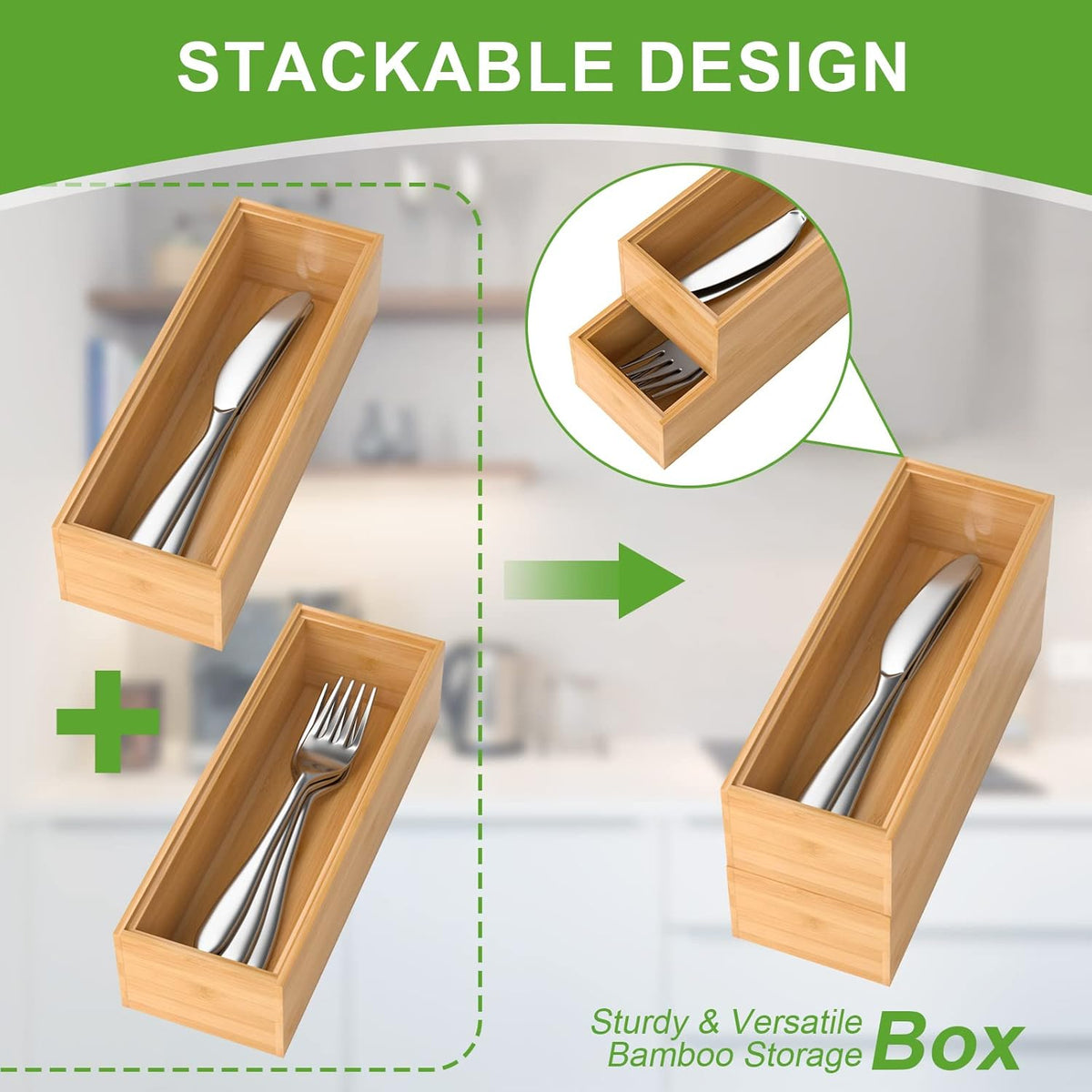 Bamboo Drawer Organizer, Narrow Stackable Cutlery Tray for Kitchen, 2 Pcs Silverware & Utensil Box, 12" x 3" x 2" (Outer), 11.3" x 2.3" x 1.77" (Inner)