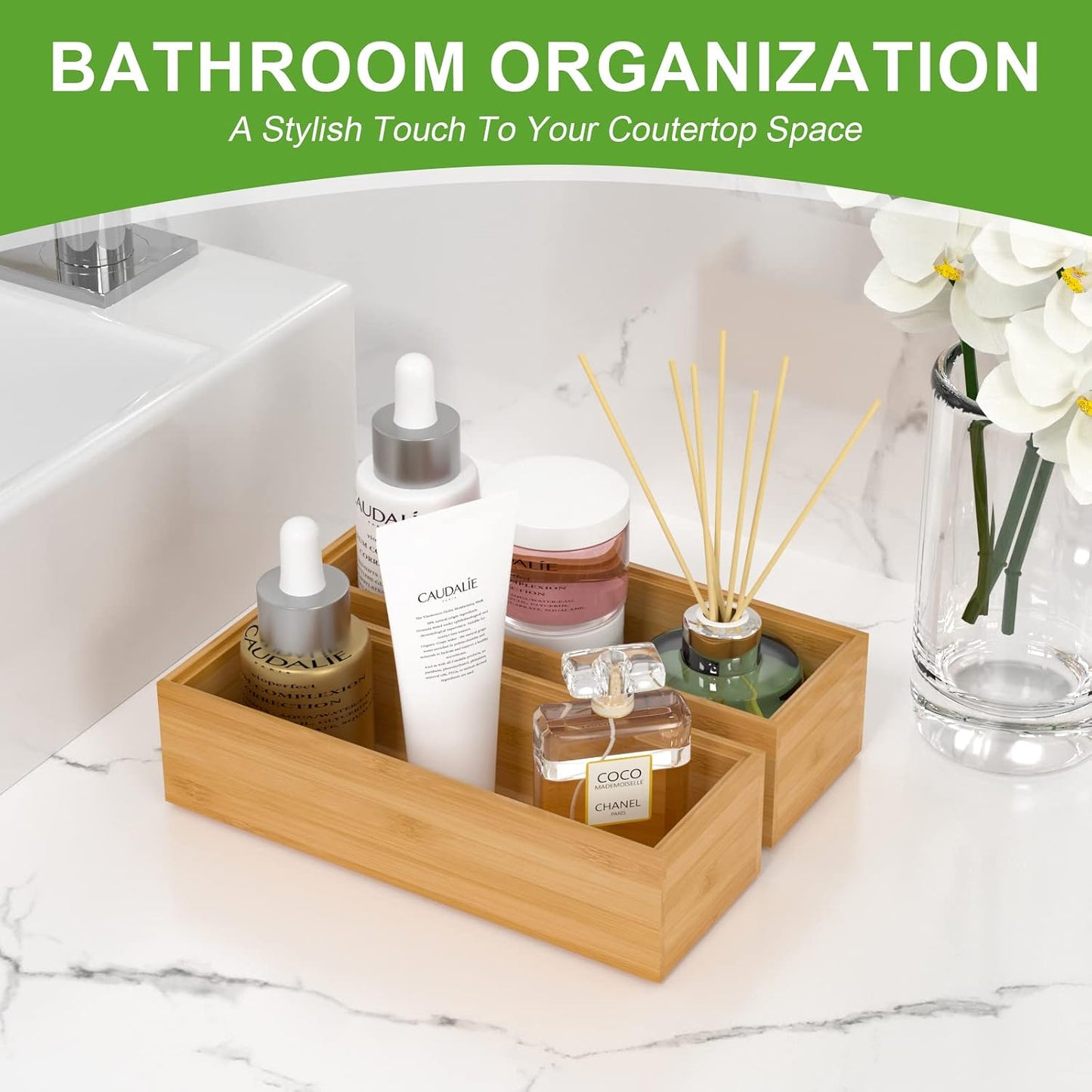 Bamboo Drawer Organizer, Narrow Stackable Cutlery Tray for Kitchen, 2 Pcs Silverware & Utensil Box, 12" x 3" x 2" (Outer), 11.3" x 2.3" x 1.77" (Inner)