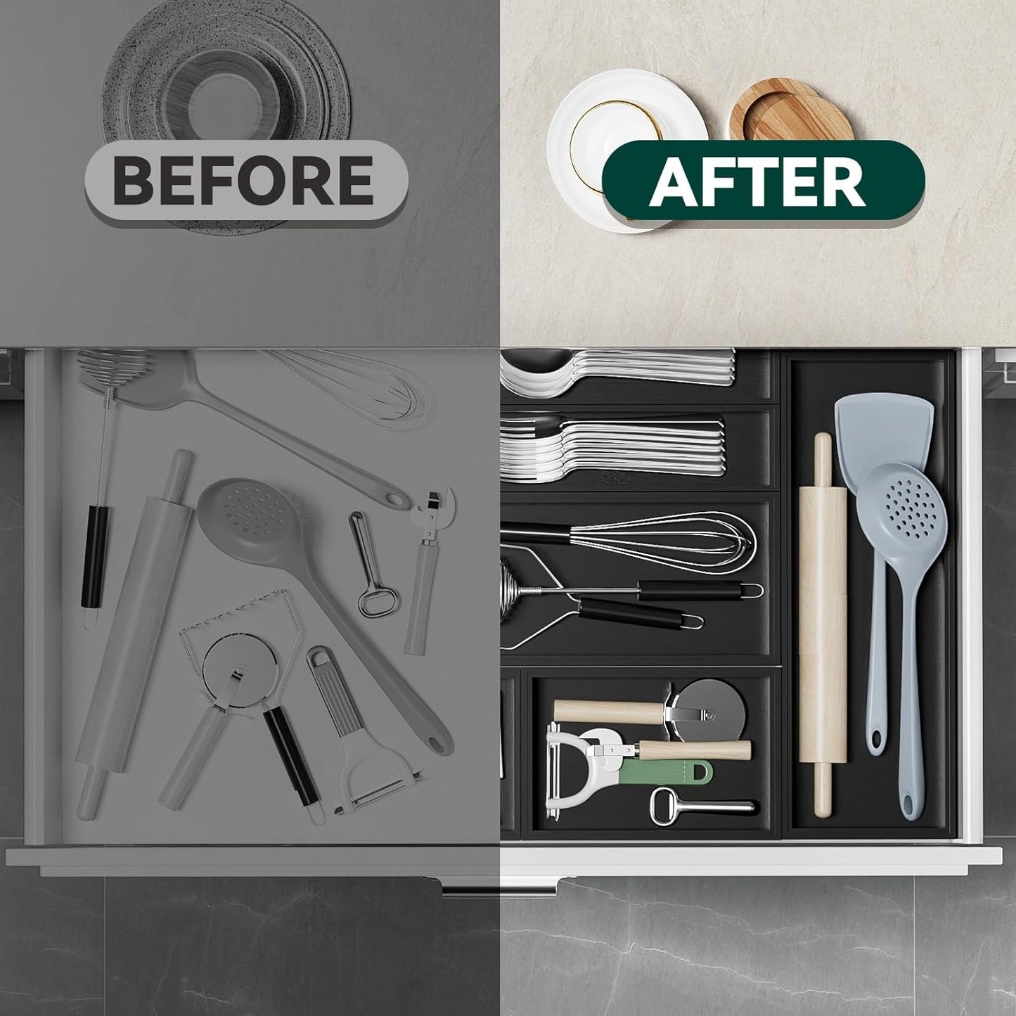 Bamboo Drawer Organizer, Narrow Stackable Cutlery Tray for Kitchen, 2 Pcs Silverware & Utensil Box, 12" x 3" x 2" (Outer), 11.3" x 2.3" x 1.77" (Inner)