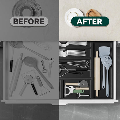Bamboo Drawer Organizer, Narrow Stackable Cutlery Tray for Kitchen, 2 Pcs Silverware & Utensil Box, 12" x 3" x 2" (Outer), 11.3" x 2.3" x 1.77" (Inner)