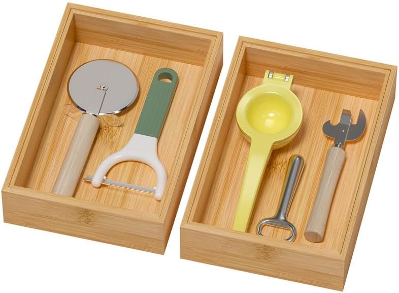 Bamboo Drawer Organizer, Narrow Stackable Cutlery Tray for Kitchen, 2 Pcs Silverware & Utensil Box, 12" x 3" x 2" (Outer), 11.3" x 2.3" x 1.77" (Inner)